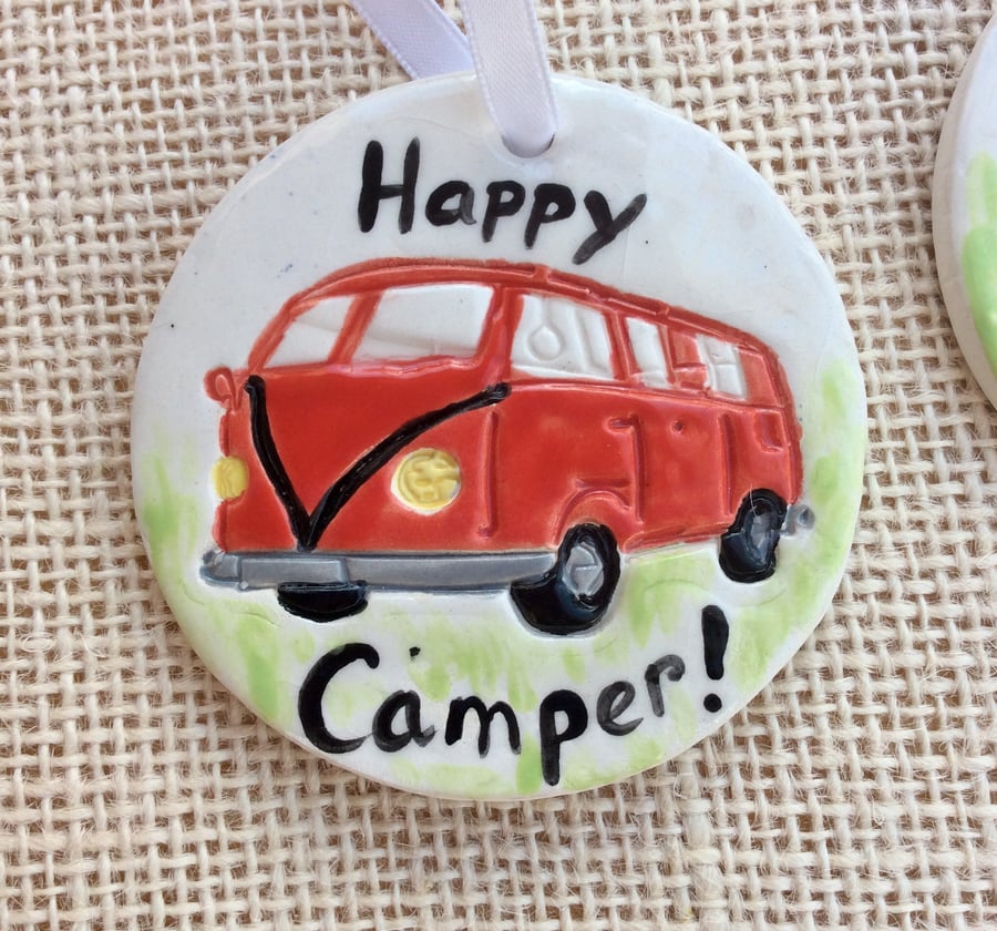 Red camper van hanging ornament, Ceramic decoration,  Happy camper, home decor