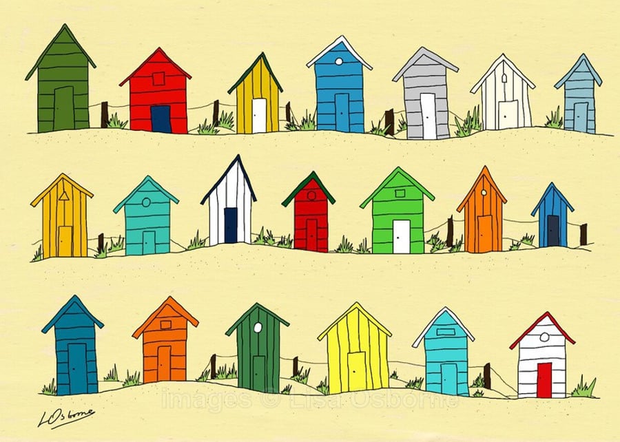 Beach huts by the sea  - print of digital illustration 