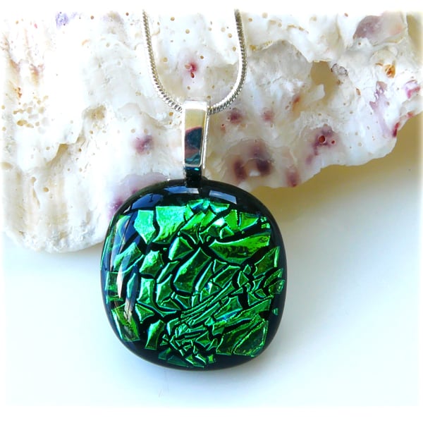 Dichroic Glass Pendant 269 Emerald Crackle Compact silver plated chain