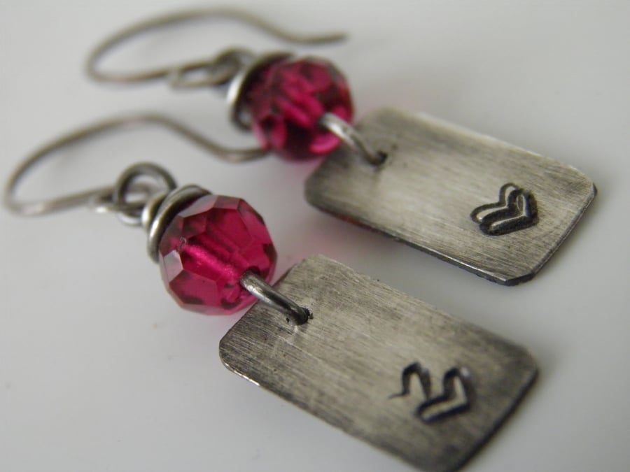 Heart Earrings Raspberry Red Sterling Silver 