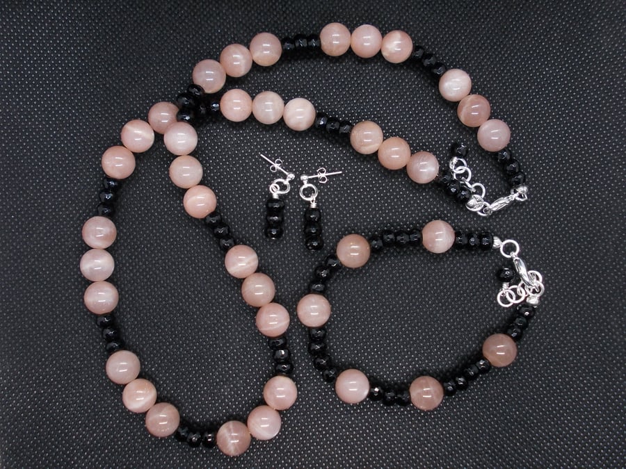 SALE - Peach moonstone and black agate set