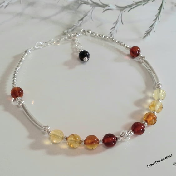 Artisan Dainty Natural Balitic Amber Sterling Silver Bracelet