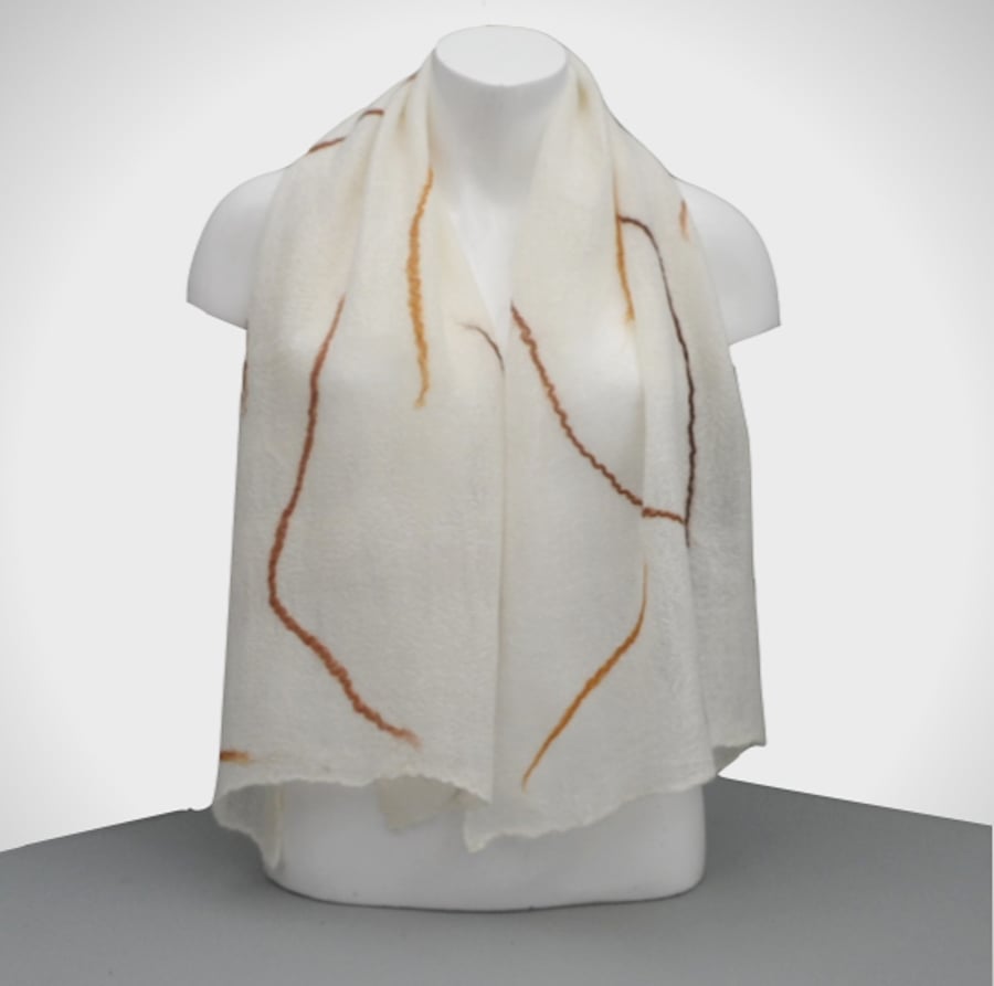 White  nuno felted scarf with brown highlights, gift boxed - SALE