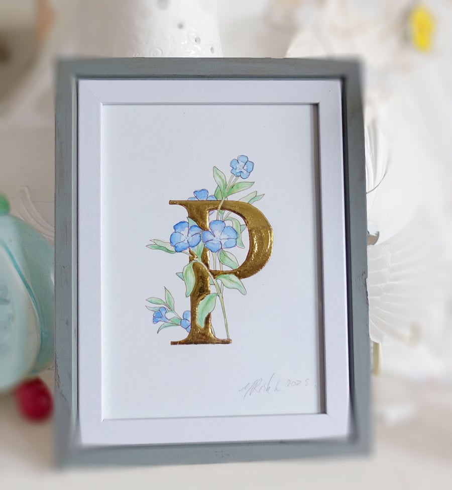 Gold leaf art original watercolour of Periwinkle with letter P.  Mother's Day.