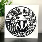 Badger Card. Blank monochrome British wildlife card for any occasion. 