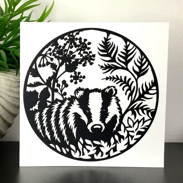 Badger Card. Blank monochrome British wildlife card for any occasion. 