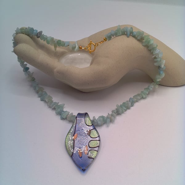 Green Jade Chip Necklace with a Blue Green & Gold Glass Pendant, Gift for Her