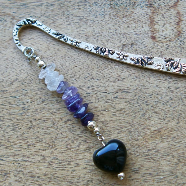 Amethyst, Clear Quartz chip beads, Heart Shape Obsidian Bookmark 