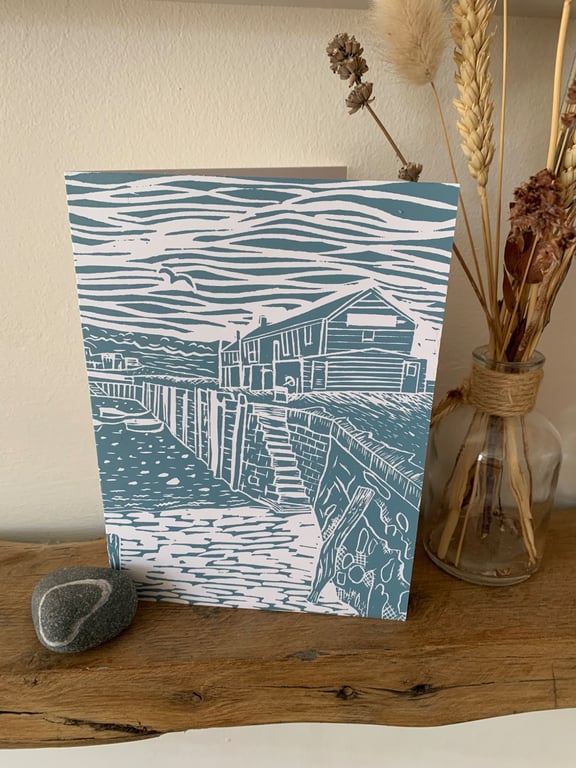 Original lino print card of Lyme Regis Cobb with buildings