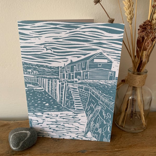 Original lino print card of Lyme Regis Cobb with buildings