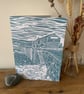 Original lino print card of Lyme Regis Cobb with buildings