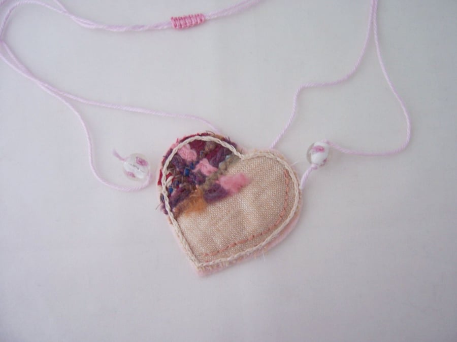 Embroidered love heart textile necklace 