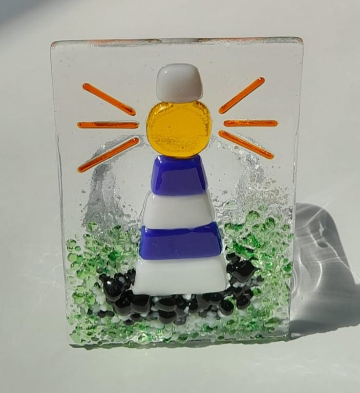 Fused Glass Blue and White Lighthouse Tealight Candle Holder