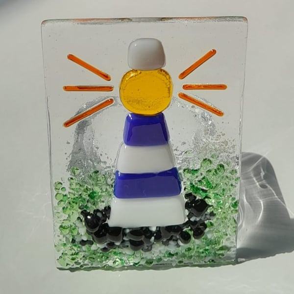 Fused Glass Blue and White Lighthouse Tealight Candle Holder