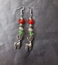 Beaded red and green Christmas dangle earrings  with silver stag charms  - Image 5