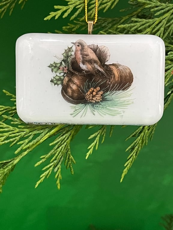 Unique Handcrafted Christmas Card Artisan Fused Glass Tree Robin on a log 