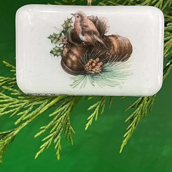 Unique Handcrafted Christmas Card Artisan Fused Glass Tree Robin on a log 