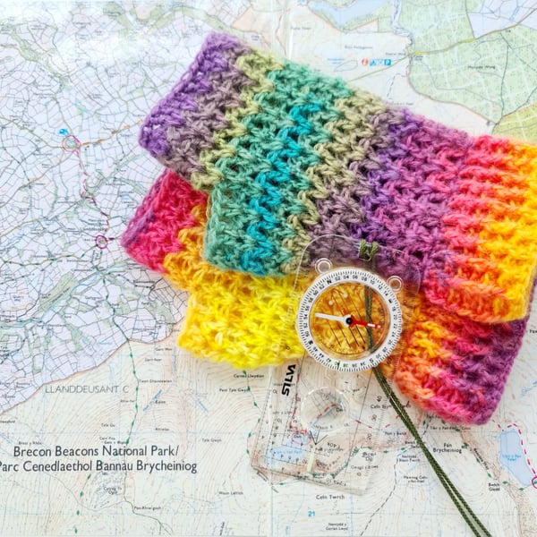 Bright Rainbow Fingerless Mitts, Crochet Wrist Warmers
