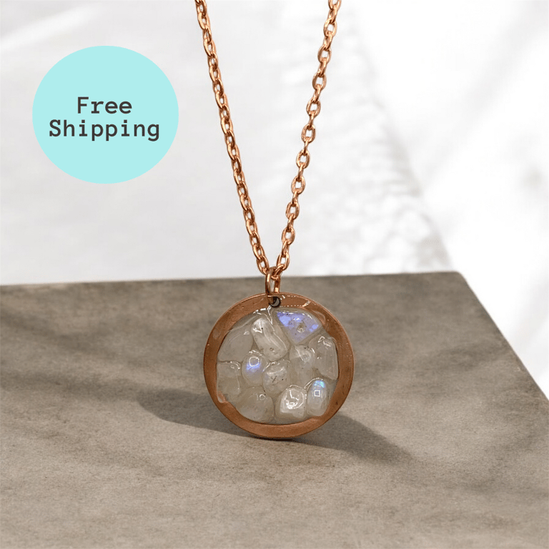 Copper & Rainbow Moonstone Pendant with Energy Benefits: Geode Inspired Design