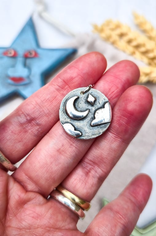 Moon and Stars Necklace - Eco-friendly Celestial Necklace, Solid Silver