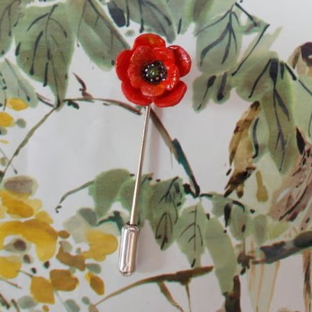 TINY RED POPPY PIN Wedding Corsage Remembrance Lapel Flower Brooch HAND PAINTED