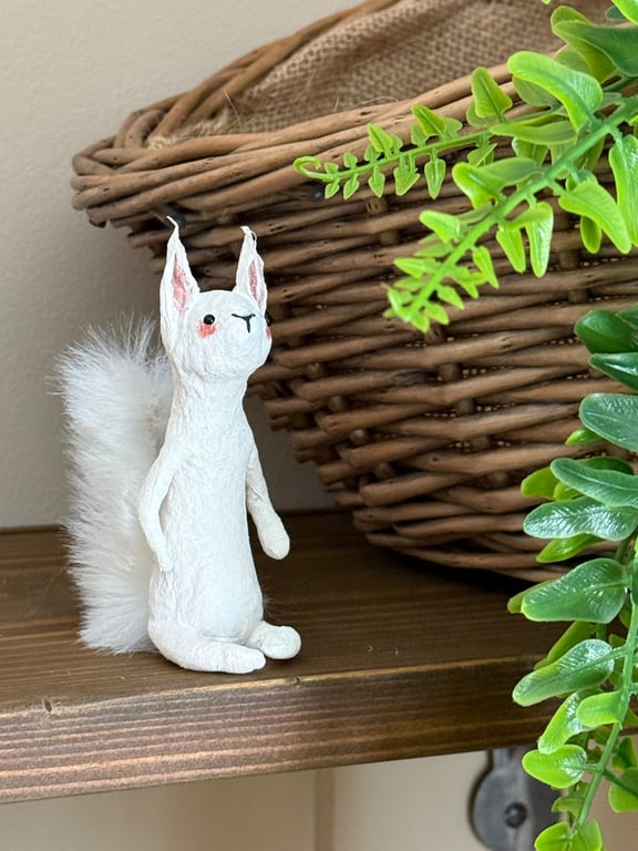 Spun Cotton White Squirrel Miniature Art Doll