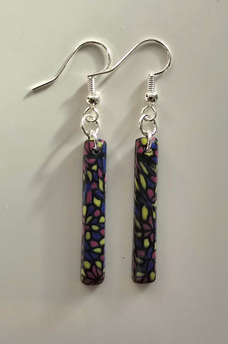 Polymer clay stained glass inspired drop earrings on silver plated earhooks