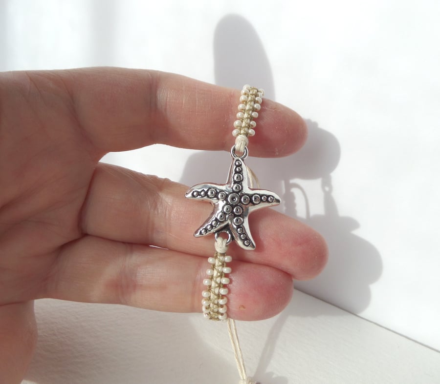 Silver Starfish Bracelet, Beaded macramé cotton cord, adjustable