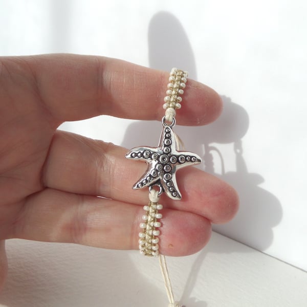 Silver Starfish Bracelet, Beaded macramé cotton cord, adjustable