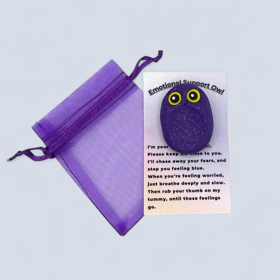 Purple Glitter Worry Stone Owl - Emotional Support Owl Fidget Stone