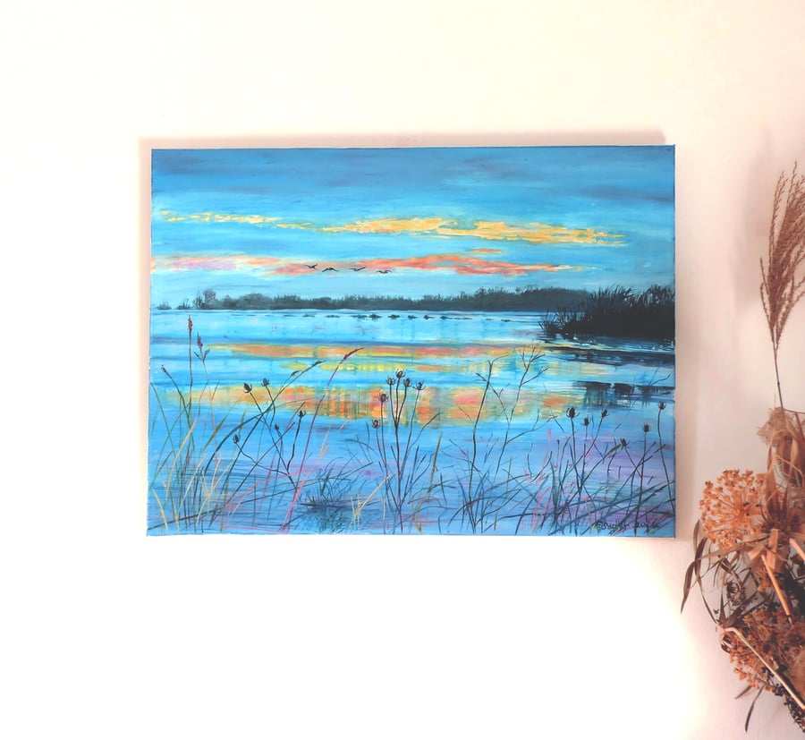 Last Light Land and Skyscape Oil Painting : Birds in Flight Over Flood Plain