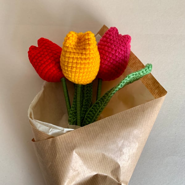  tulips, crochet flowers, mini bouquet of 3 jewel coloured tulips