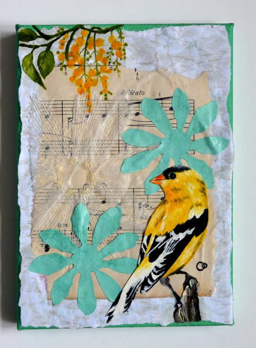 American Goldfinch Mixed Media Collage on Canvas
