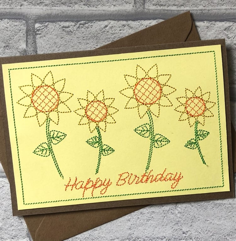 Happy Birthday Card Dancing Sunflowers 5x7 Embroidered Kraft Card Handmade