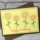Happy Birthday Card Dancing Sunflowers 5x7 Embroidered Kraft Card Handmade