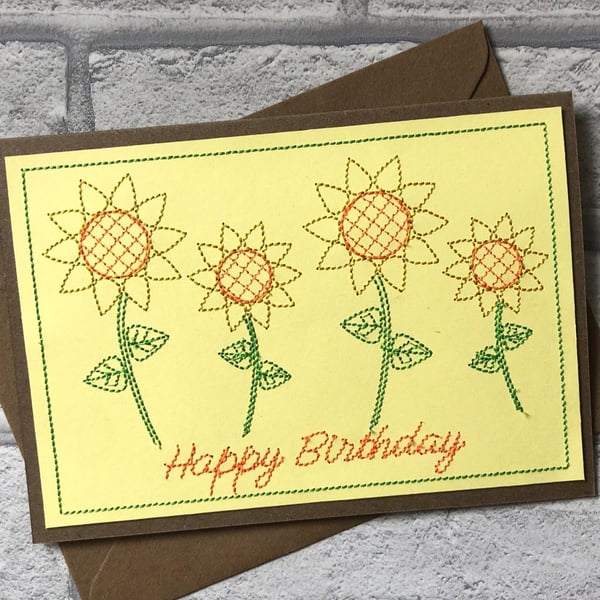 Happy Birthday Card Dancing Sunflowers 5x7 Embroidered Kraft Card Handmade