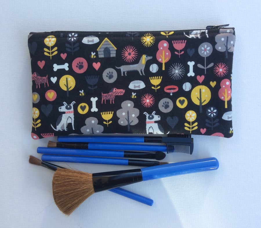 Make up bag,  pencil case, dogs on black background
