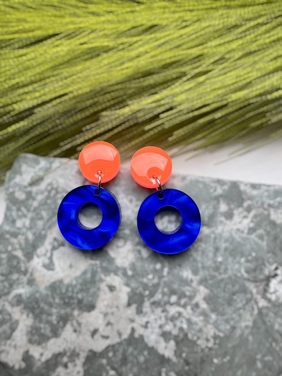 Neon Orange and Blue Hoop Acrylic Earrings 