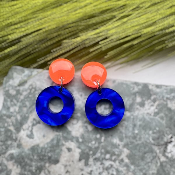 Neon Orange and Blue Hoop Acrylic Earrings 