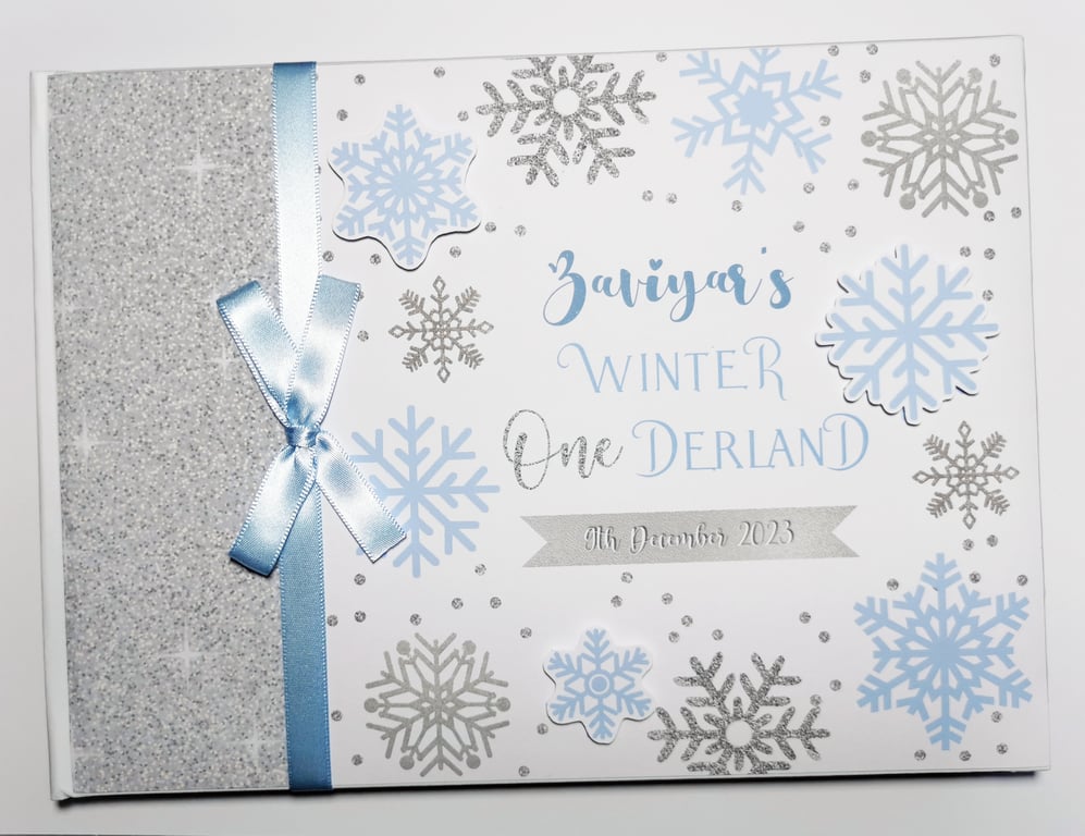 Winter Onederland boy's birthday guest book, Snowflakes birthday guest book  
