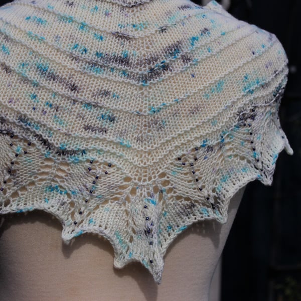 Hand knit beaded lace edged scarf shawl in white, blue & black - design F213