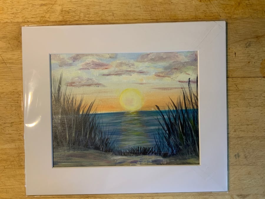 Seascape  Sunset Painting. Acrylic. Mounted with backing board. 12” by 10”. 