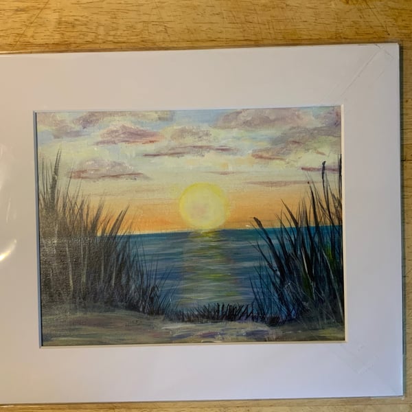 Seascape  Sunset Painting. Acrylic. Mounted with backing board. 12” by 10”. 