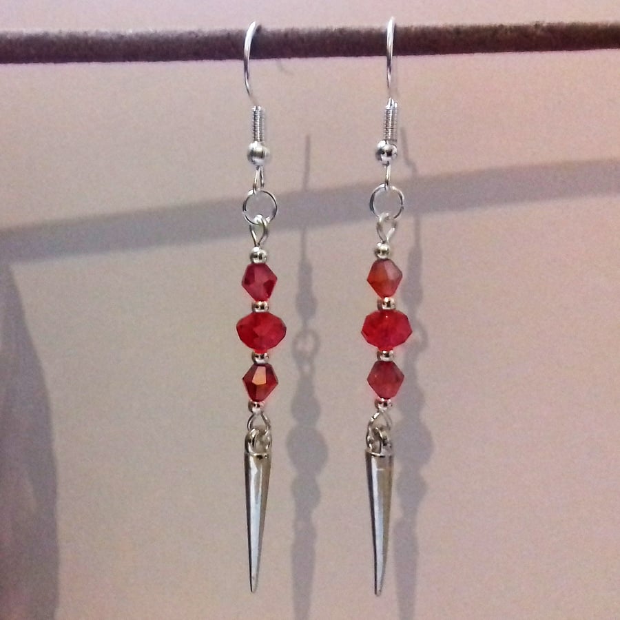 Red Crystal Spike Silver Plate Dangle Earrings