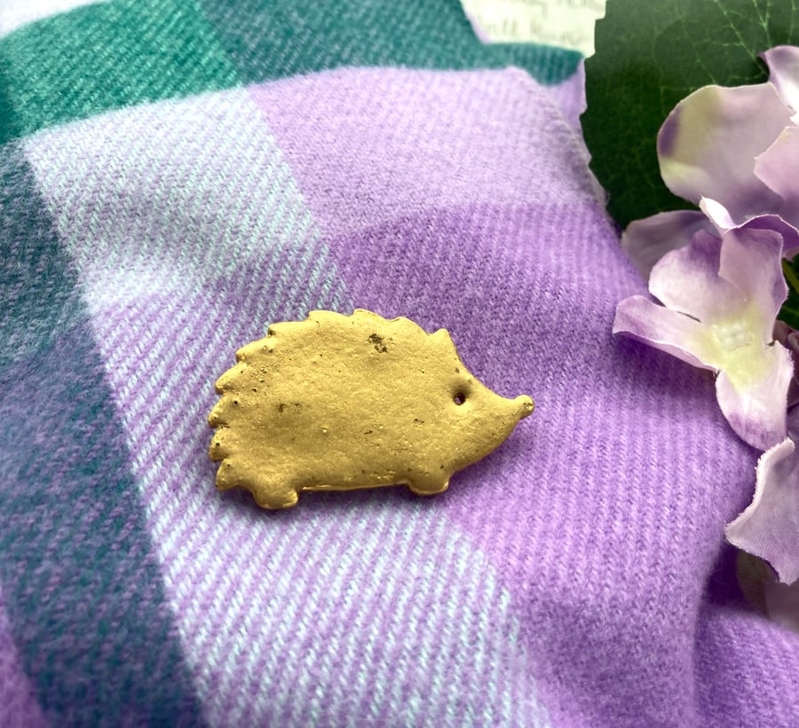 Wooden Hedgehog brooch in gold embossing enamel wildlife lover