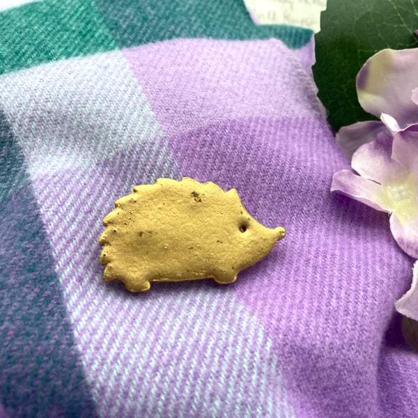 Wooden Hedgehog brooch in gold embossing enamel wildlife lover