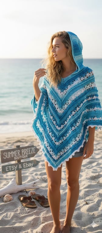 Handmade Crochet Hooded Poncho Blue Ombre Boho Cape Festival Wrap One Size