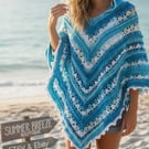 Handmade Crochet Hooded Poncho Blue Ombre Boho Cape Festival Wrap One Size