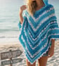 Handmade Crochet Hooded Poncho Blue Ombre Boho Cape Festival Wrap One Size