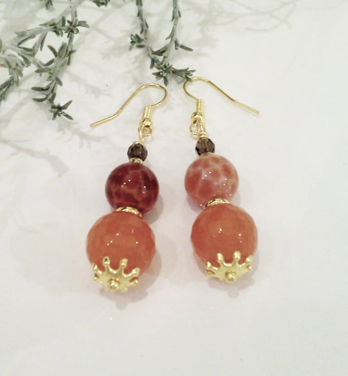 Snakeskin Agate, Agate & Smokey Quartz Earrings Gold Plate 